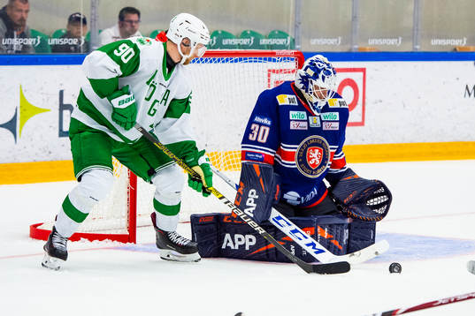 Rögles  Ted Brithén och Växjös målvakt Viktor Fasth