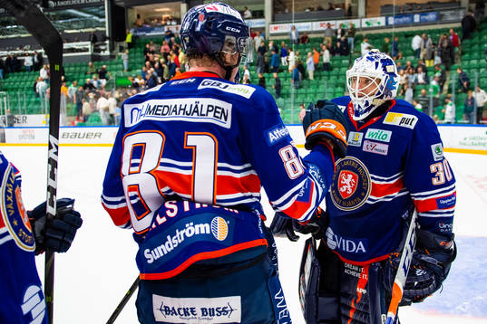 Växjös målvakt Viktor Fasth och Fredrik Karlström jublar