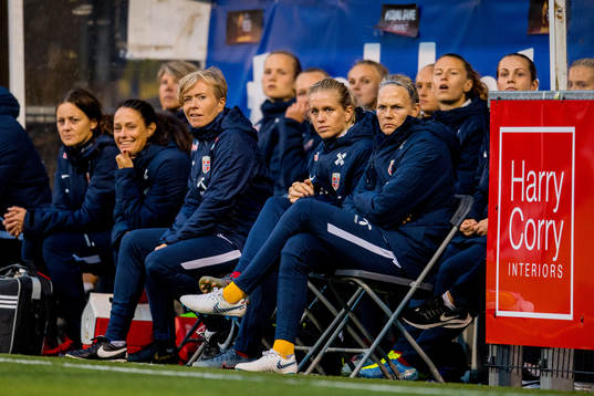 Elise Thorsnes and goalkeeper Ingrid Hjelmseth of Norway