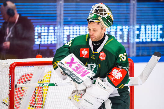 Goalkeeper Markus Svensson of Färjestad looks dejected