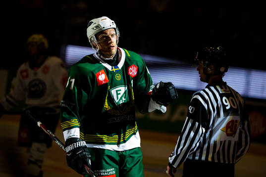 Johan Ryno of Färjestad celebrates the 2-1 goal