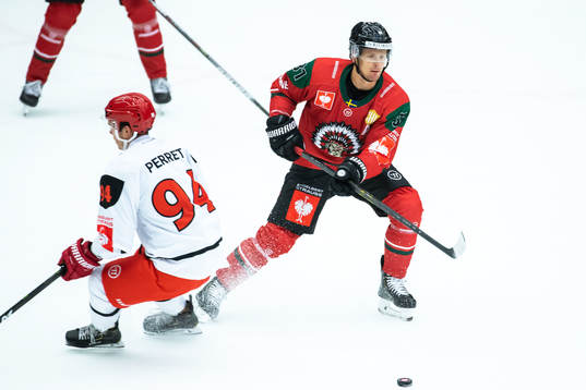 Nicklas Lasu of Frölunda and Jordann Perret of Mountfield