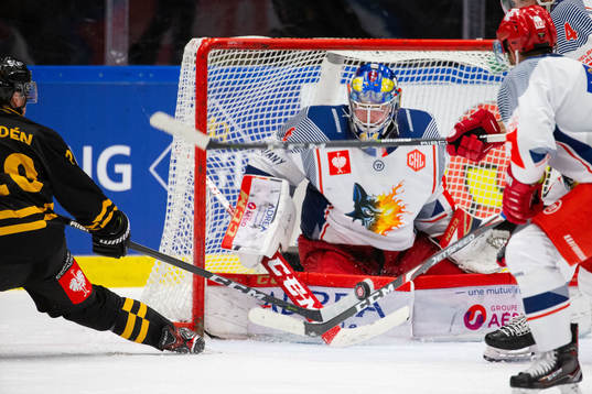 Jesper Frödén of Skellefteå shoots at Lukas Horak  of