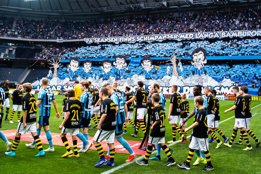 Spelarna gör entré framför Djurgårdens tifo
