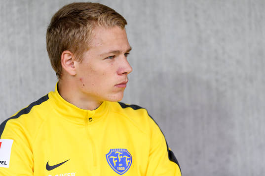 Falkenbergs Melker Nilsson före fotbollsmatchen i