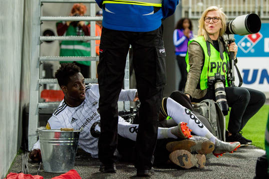 Babajide David Akintola of Rosenborg crashes with a