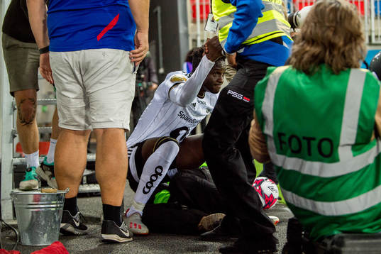 Babajide David Akintola of Rosenborg crashes with a