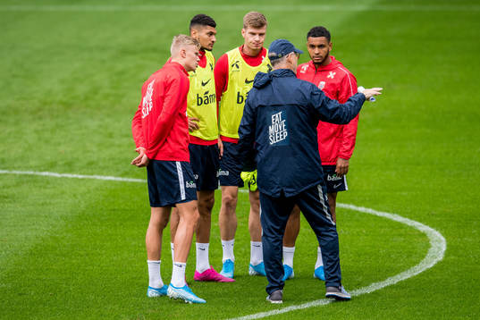 Lars Lagerbäck, head coach of Norway, talks to Erling