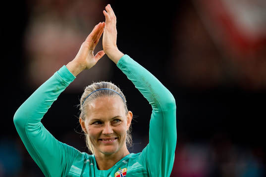 Goalkeeper Ingrid Hjelmseth of Norway reacts