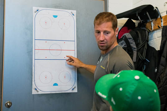 Rögles tränare Cam Abbott ritar på en whiteboard