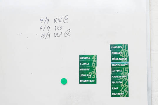 En whiteboard visar ett antal spelares namn