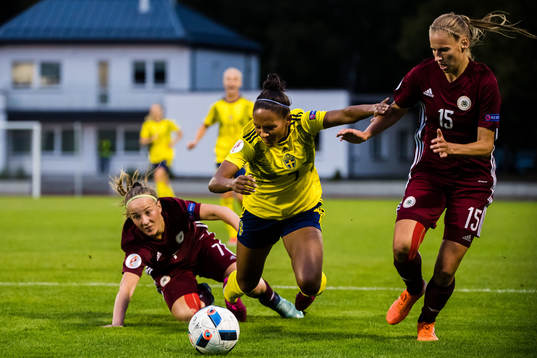 Laura Sondore and Anastasia Fjodorova of Latvia stops