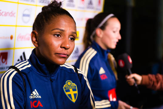 Madelen Janogy and Kosovare Asllani of Sweden