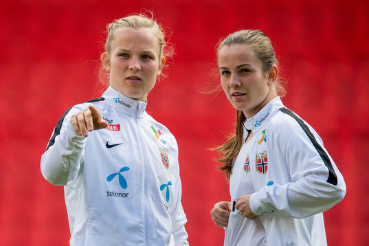 Goalkeeper Oda Maria Hove Bogstad and Tuva Hansen of Norway