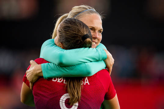 Goalkeeper Ingrid Hjelmseth of Norway with teammate Vilde