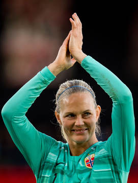 Goalkeeper Ingrid Hjelmseth of Norway reacts