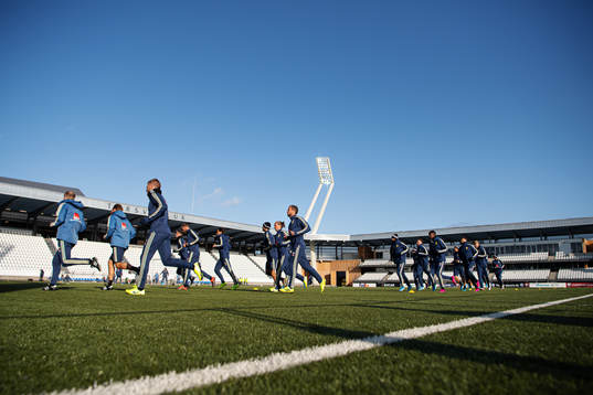 Players of the Swedish national football team warm up