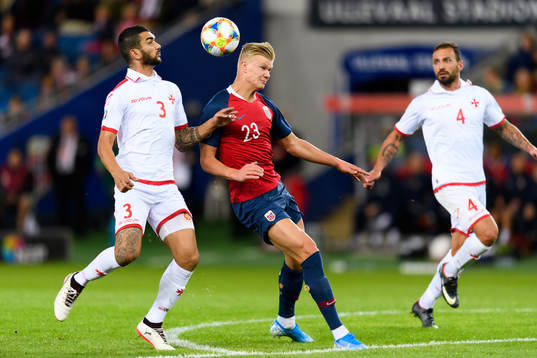 Ferdinando Apap of Malta and Erling Braut Haaland of Norway