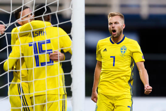Marcus Berg, Alexander Isak and Sebastian Larsson of Sweden