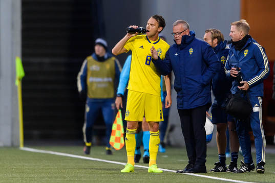 Albin Ekdal of Sweden talks to head coach Janne Andersson