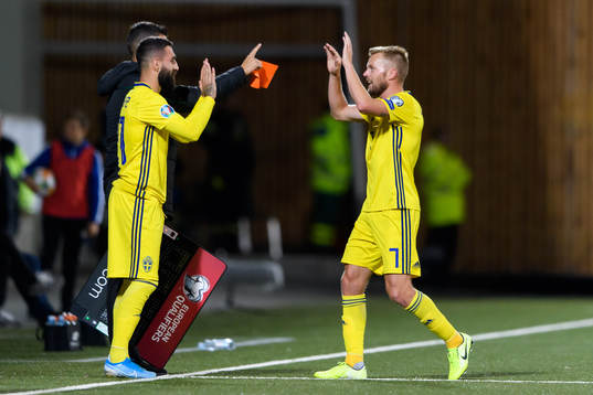 Sebastian Larsson (R) of Sweden is replaced by Jimmy Durmaz