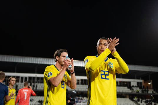 Gustav Svensson and Robin Quaison of Sweden celebrate