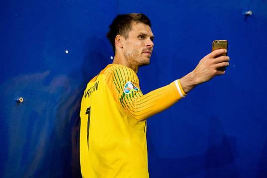 Goalkeeper Rune Almenning Jarstein of Norway takes a selfie