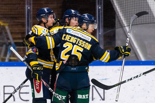 Södertäljes Christoffer Bengtsson jublar med lagkamrater