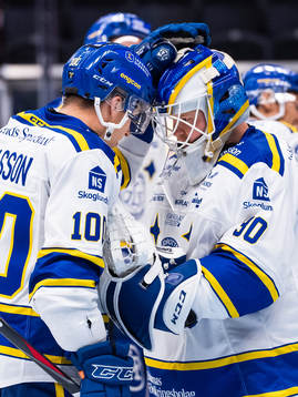 Leksands Martin Karlsson jublar med målvakt Janne Juvonen