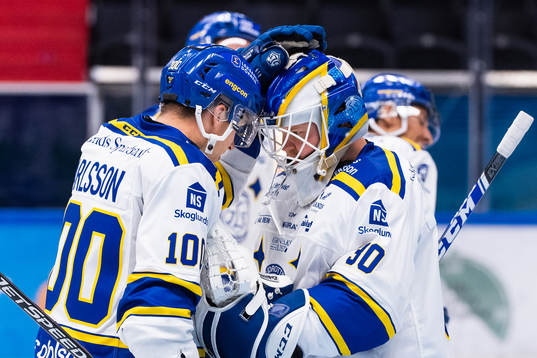 Leksands Martin Karlsson jublar med målvakt Janne Juvonen