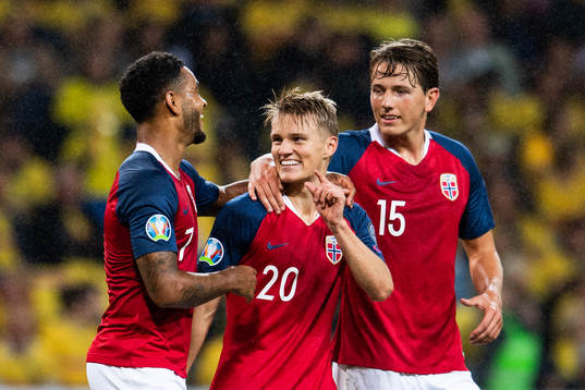 Joshua King, Martin Ødegaard and Sander Berge of Norway