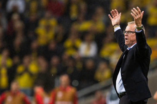 Janne Andersson, head coach of Sweden reacts