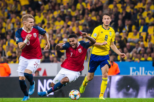 Joshua King and Martin Ødegaard of Norway against Albin