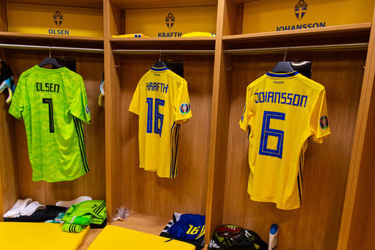 Jerseys of Robin Olsen, Emil Krafth and Jakob Johansson in