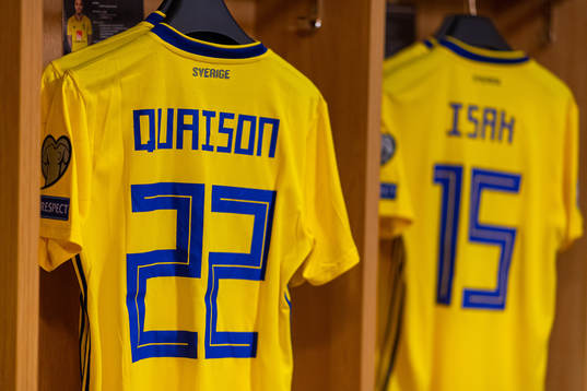 Jerseys of Robin Quaison and Alexander Isak in the Swedish