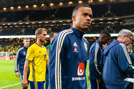 Sebastian Andersson and Robin Quaison of Sweden look