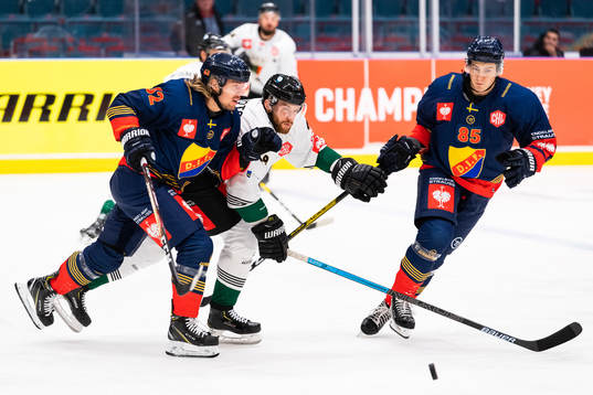 Manuel Ågren and Michael Haga compete for the puck with