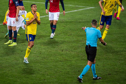 Robin Quaison of Sweden looks dejected