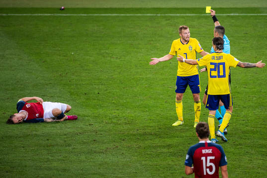 Sebastian Larsson of Sweden receives a varning from referee