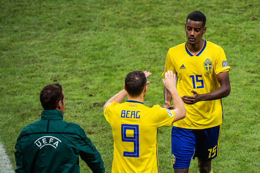 Marcus Berg changes with Alexander Isak of Sweden
