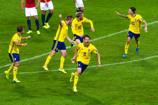 Albin Ekdal of Sweden celebrates the 1-1 goal by Emil