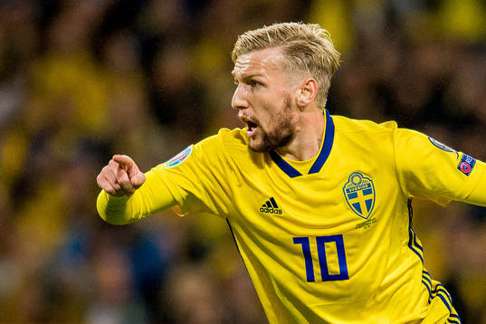 Emil Forsberg of Sweden celebrates scoring 1-1