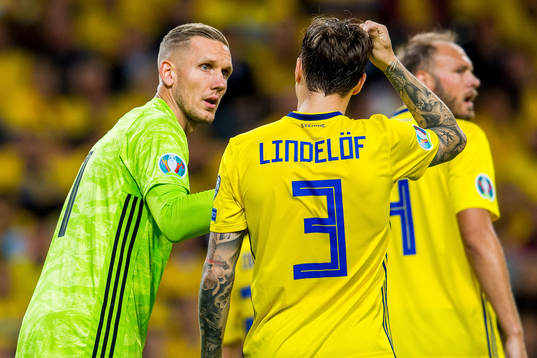 Goalkeeper Robin Olsen and Victor Nilsson Lindelöf of