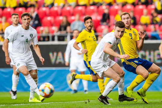Dejan Kulusevski of Sweden and Darragh Leahy of Ireland
