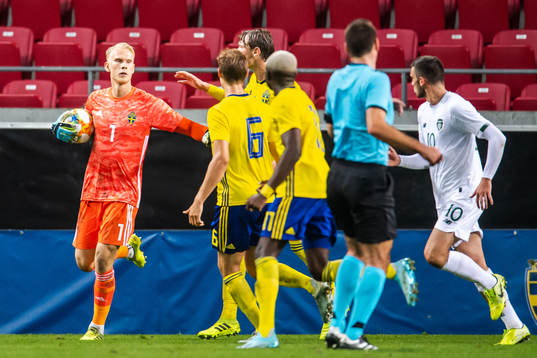 Goalkeeper Pontus Dahlberg of Sweden celebrate with