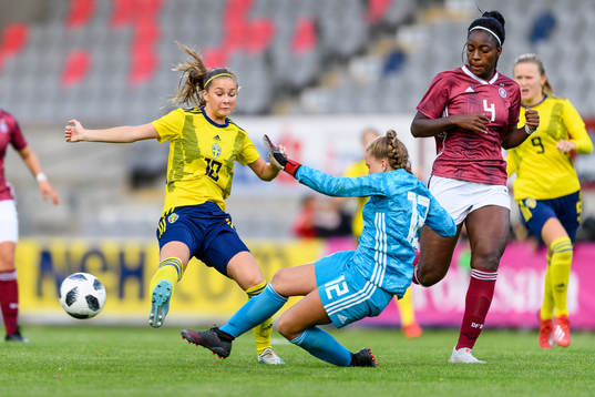 Sveriges Alice Söndergaard och Tysklands målvakt Julia