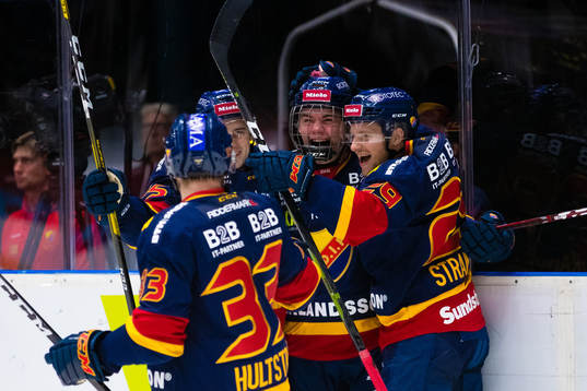 Djurgårdens Michael Haga jublar med Alexander Holtz ,