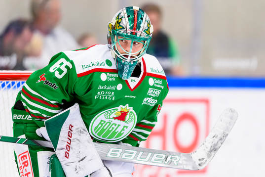 Rögles målvakt Christoffer Rifalk innan  ishockeymatchen
