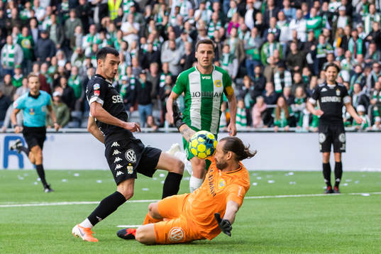Hammarbys målvakt Johan Wiland räddar ett friläge från