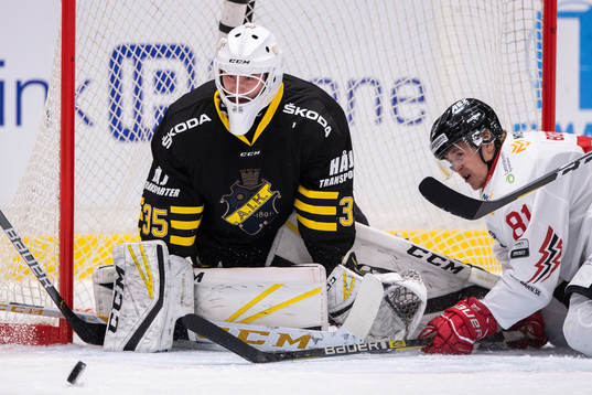 s målvakt August Hedlund och Vita Hästens Erik Borg